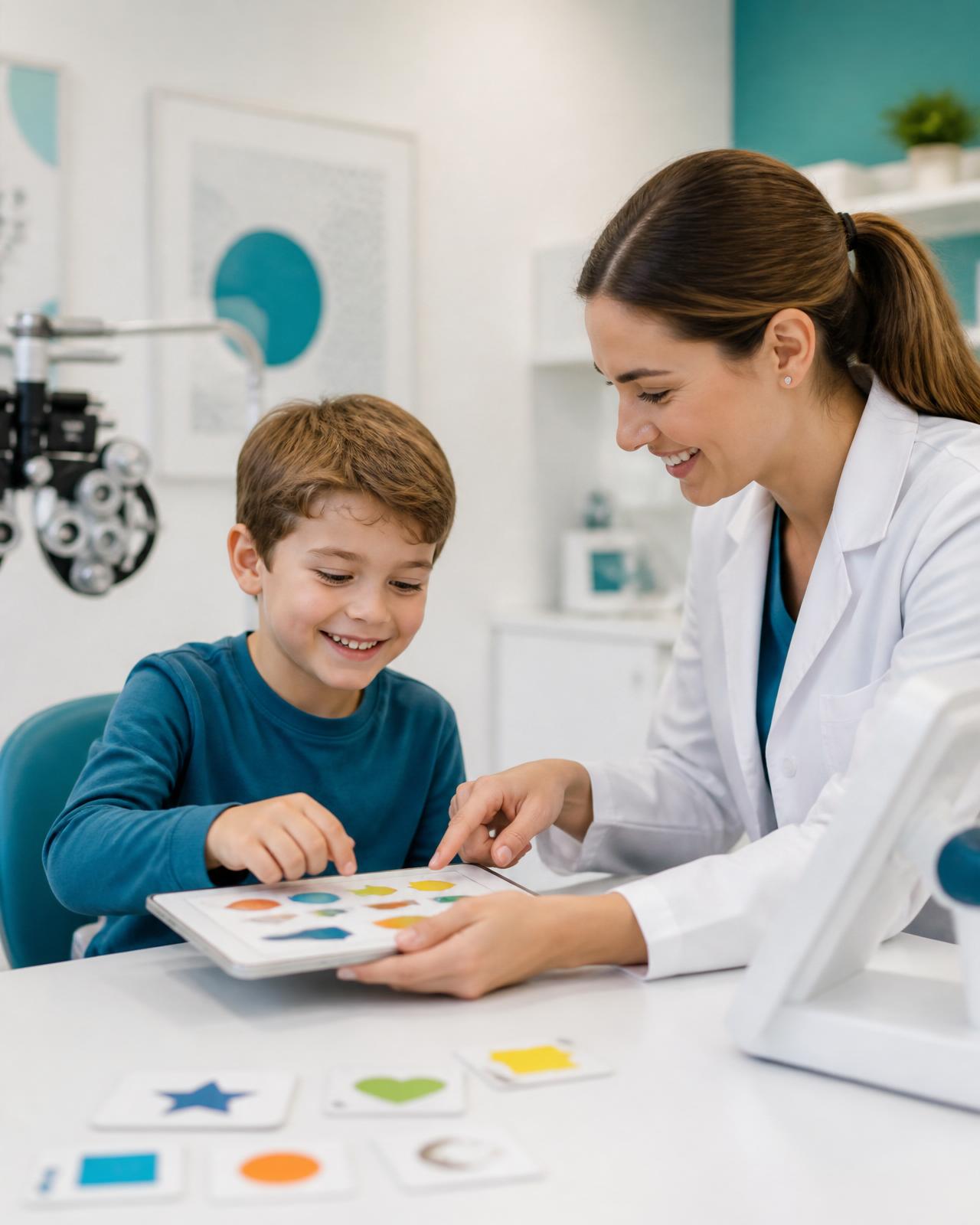 Niño realizando un juego de estimulación visual con una optometrista en Centro Óptico Visionmar