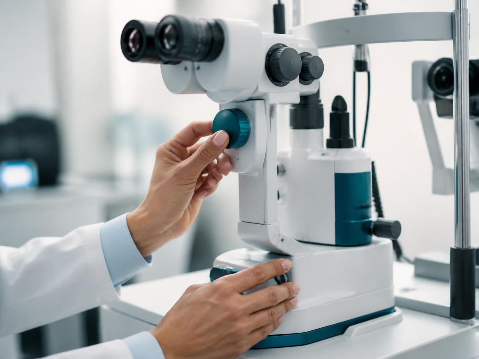 Óptica-optometrista ajustando un equipo de diagnóstico avanzado