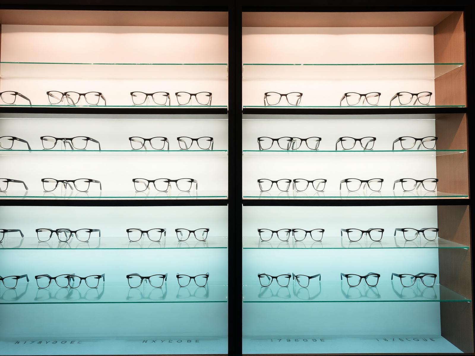 Expositor minimalista y luminoso de una óptica premium con monturas de diseño ordenadas sobre estantes limpios
