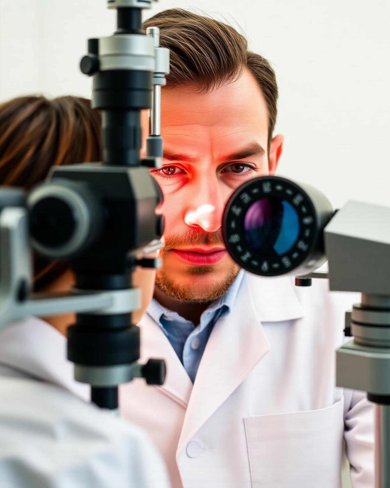 Óptico-optometrista analizando el ojo de un paciente con un topógrafo corneal en Centro Óptico Visionmar